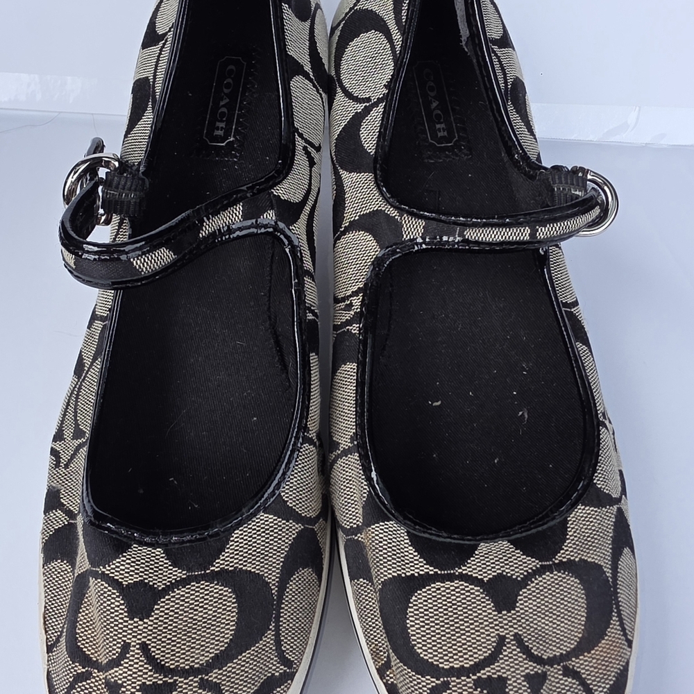 Coach Black and Tan Patterned Wedges